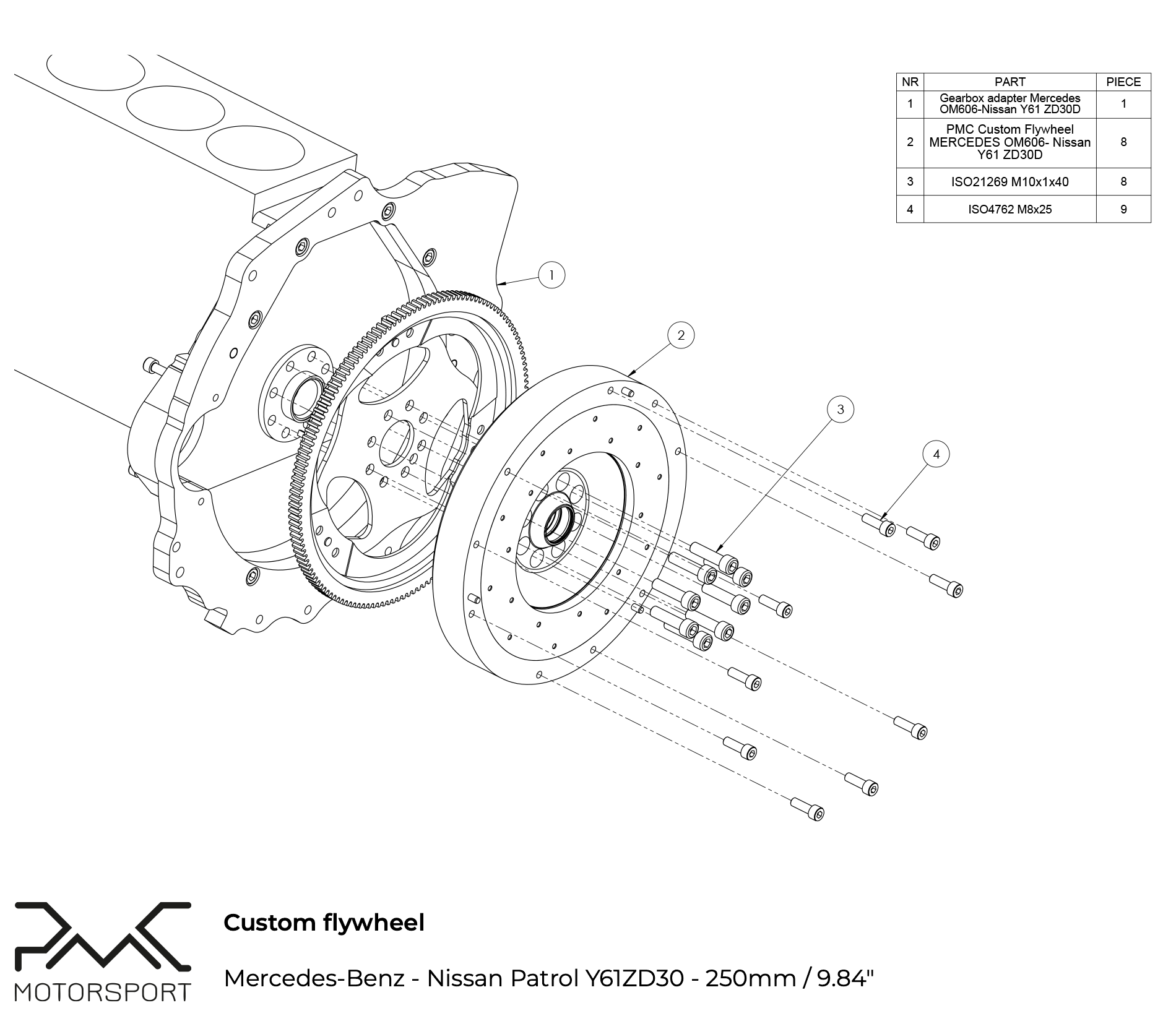 Adapterkit MB OM606 - Nissan Patrol Y61 ZD30 TD42 - 250mm
