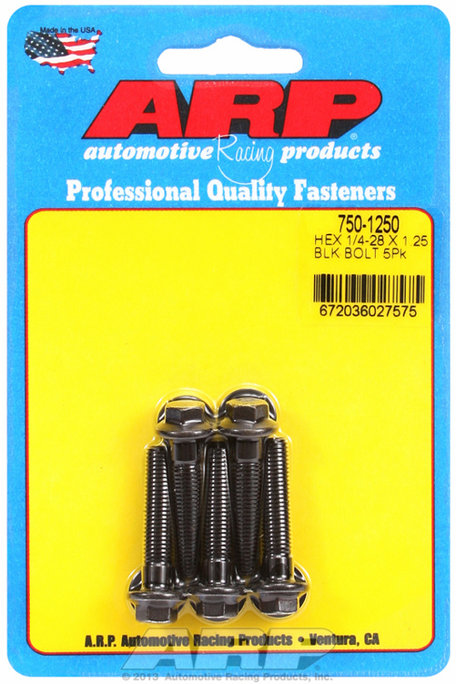 "1/4""-28 x 1.250 hex black oxide bolts" (5pcs)