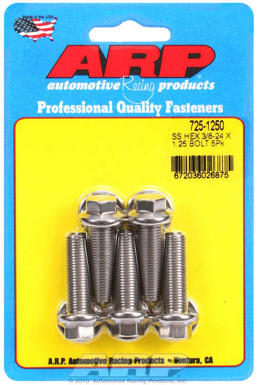 "3/8""-24 x 1.250 hex 7/16 wrenching SS bolts" (5pcs)