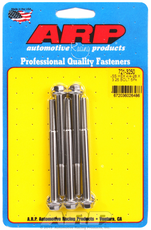"1/4""-28 x 3.250 hex SS bolts" (5pcs)