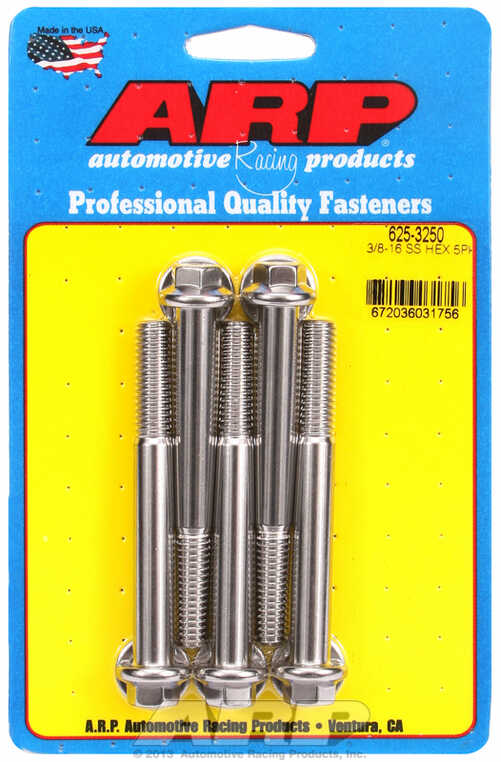 "3/8""-16 x 3.250 hex 7/16 wrenching SS bolts" (5pcs)
