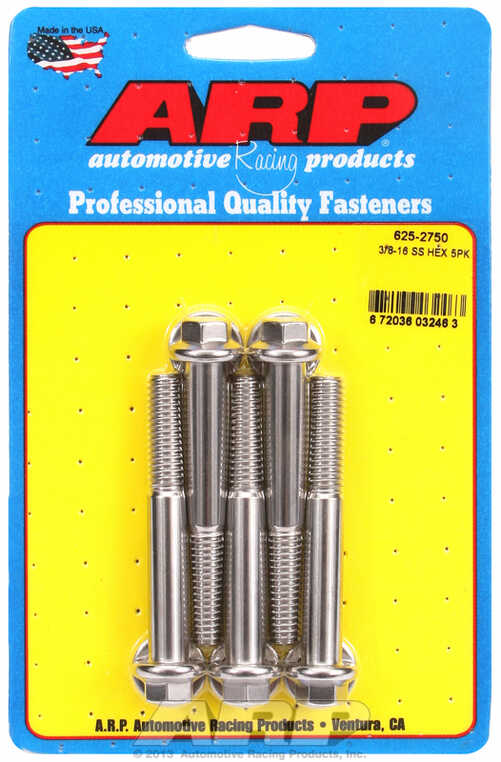 "3/8""-16 x 2.750 hex 7/16 wrenching SS bolts" (5pcs)