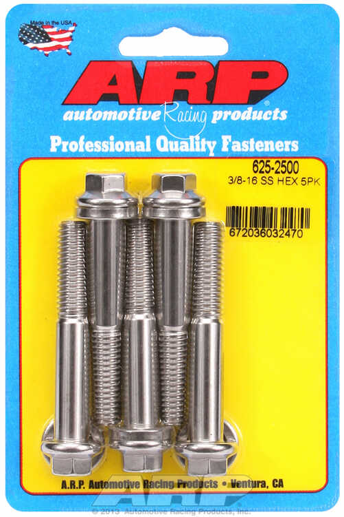 "3/8""-16 x 2.500 hex 7/16 wrenching SS bolts" (5pcs)