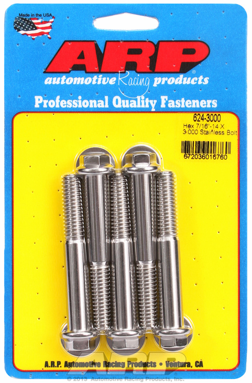 "7/16""-14 X 3.000 hex 1/2 wrenching SS bolts" (5pcs)