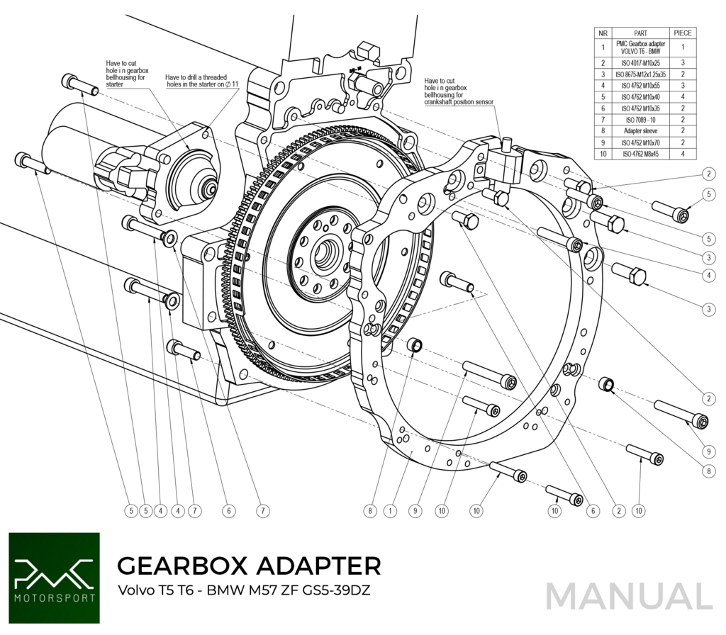 PMC Getriebeadapter Volvo T - BMW M57N HGD JGA HGA - 240mm / 9.45"