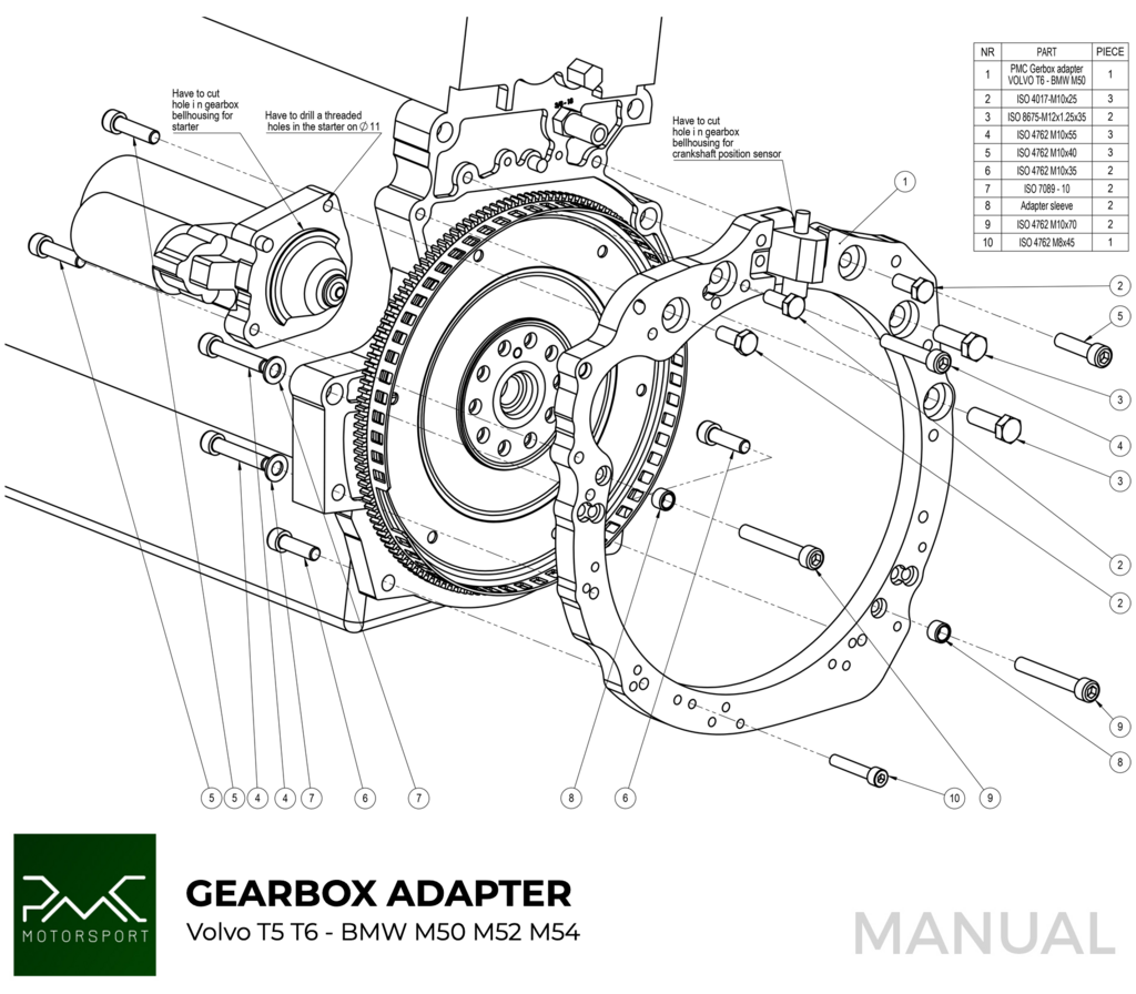 PMC Getriebeadapter Volvo T - BMW M57 / E46 S54 M3 - 240mm / 9.45"