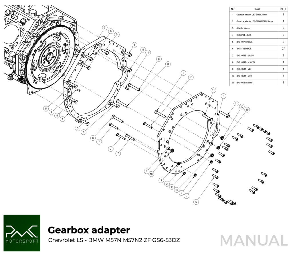 PMC Getriebeadapter GM Chevrolet LS - BMW M57N HGD JGA - 240mm / 9.45"