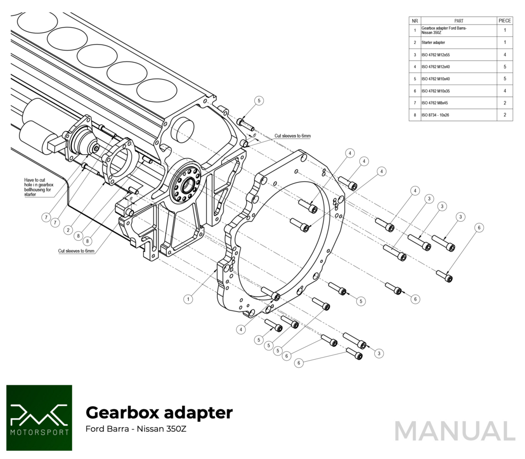 PMC Getriebeadapter Ford Barra - Nissan 350Z Z33 370Z Z34 - 250mm / 9.84"