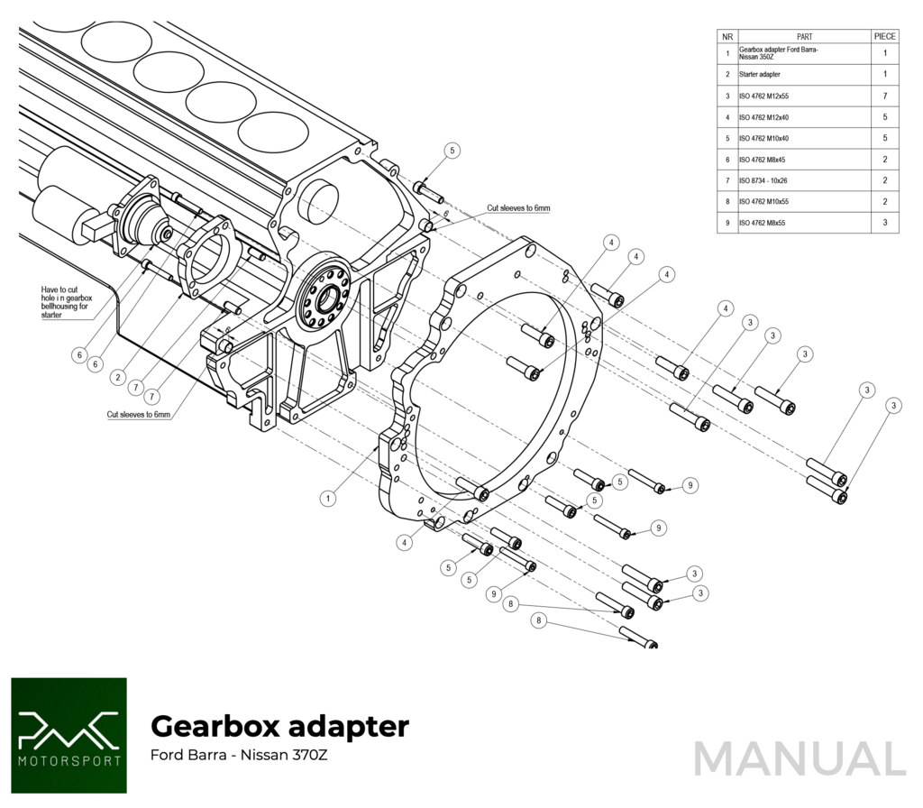 PMC Getriebeadapter Ford Barra - Nissan 350Z Z33 370Z Z34 - 250mm / 9.84"