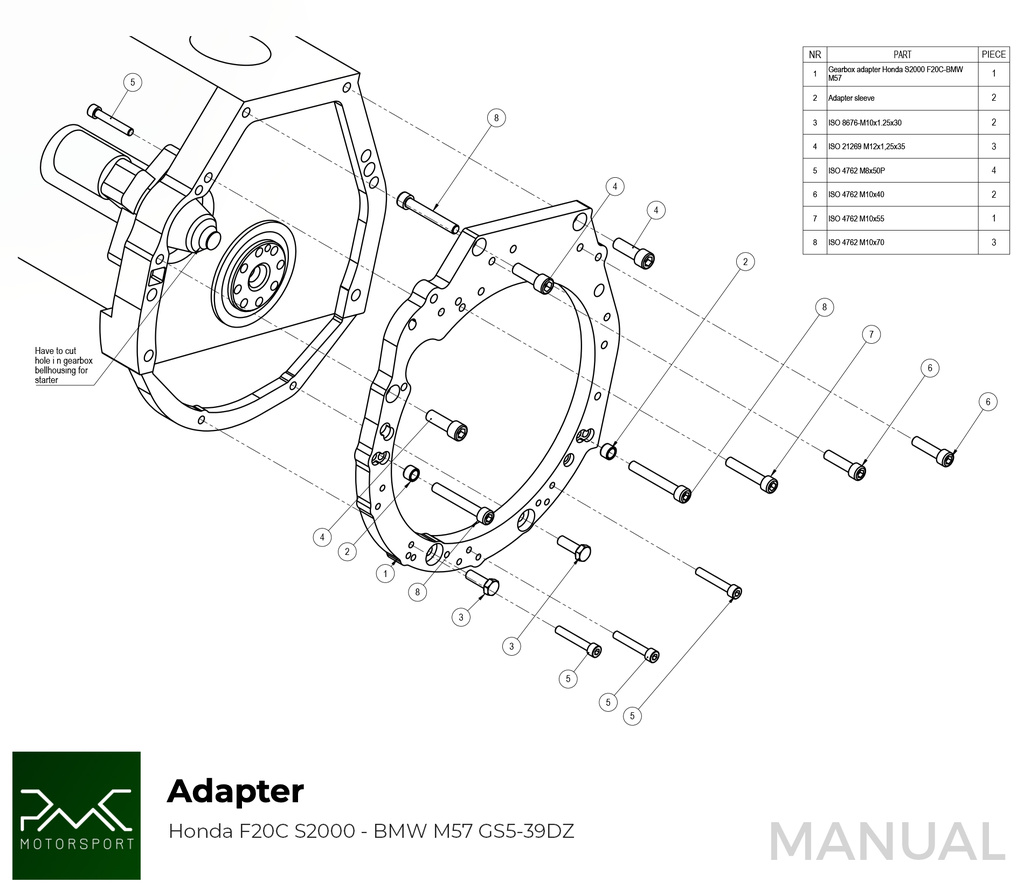 PMC Getriebeadapter Honda S2000 - BMW M57 / E46 S54 M3 - 240mm / 9.45"