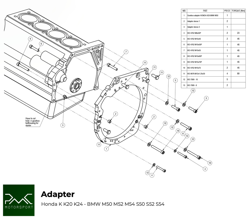 PMC Getriebeadapter Honda K - BMW M57 / E46 S54 M3 - 240mm / 9.45"