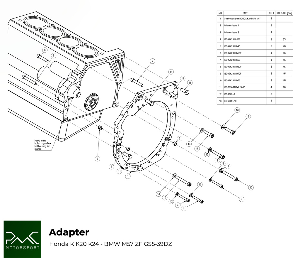 PMC Getriebeadapter Honda K - BMW M57 / E46 S54 M3 - 240mm / 9.45"