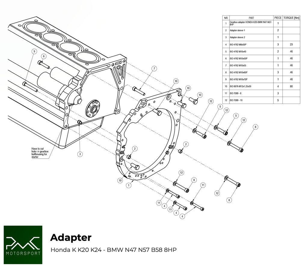 PMC Getriebeadapter Honda K K20 K24 - BMW ZF 8HP70 N57 N57N  / ZF 8HP50 B58