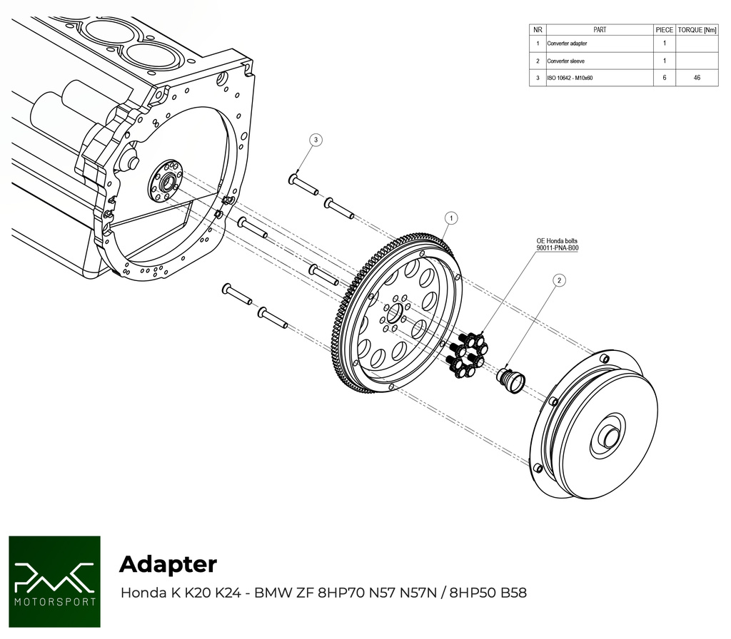 PMC Getriebeadapter Honda K K20 K24 - BMW ZF 8HP70 N57 N57N  / ZF 8HP50 B58