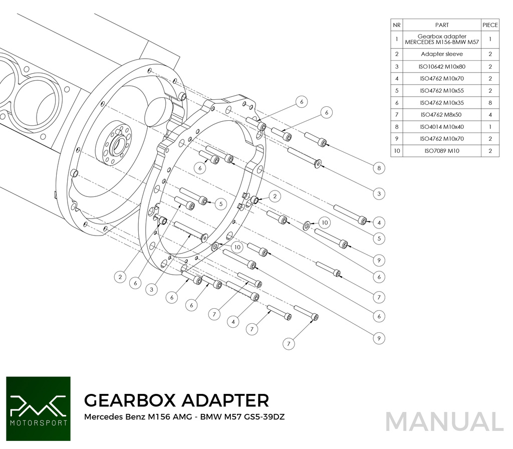 PMC Getriebeadapter Mercedes-Benz V8 M156 - BMW M57 / E46 S54 M3 - 240mm / 9.45"
