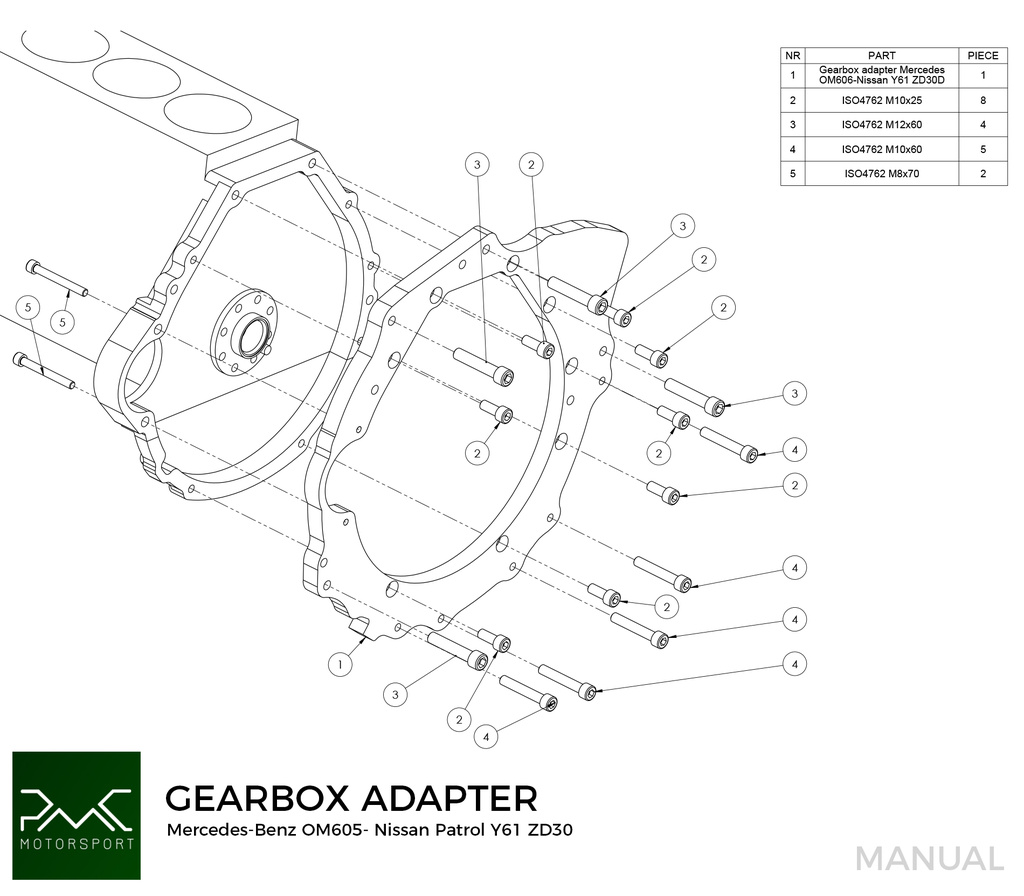 PMC Getriebeadapter Mercedes Benz OM605 - Nissan Patrol Y61ZD30