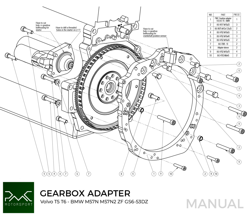 PMC Getriebeadapter Volvo T - BMW M57N HGD JGA HGA - 240mm / 9.45"
