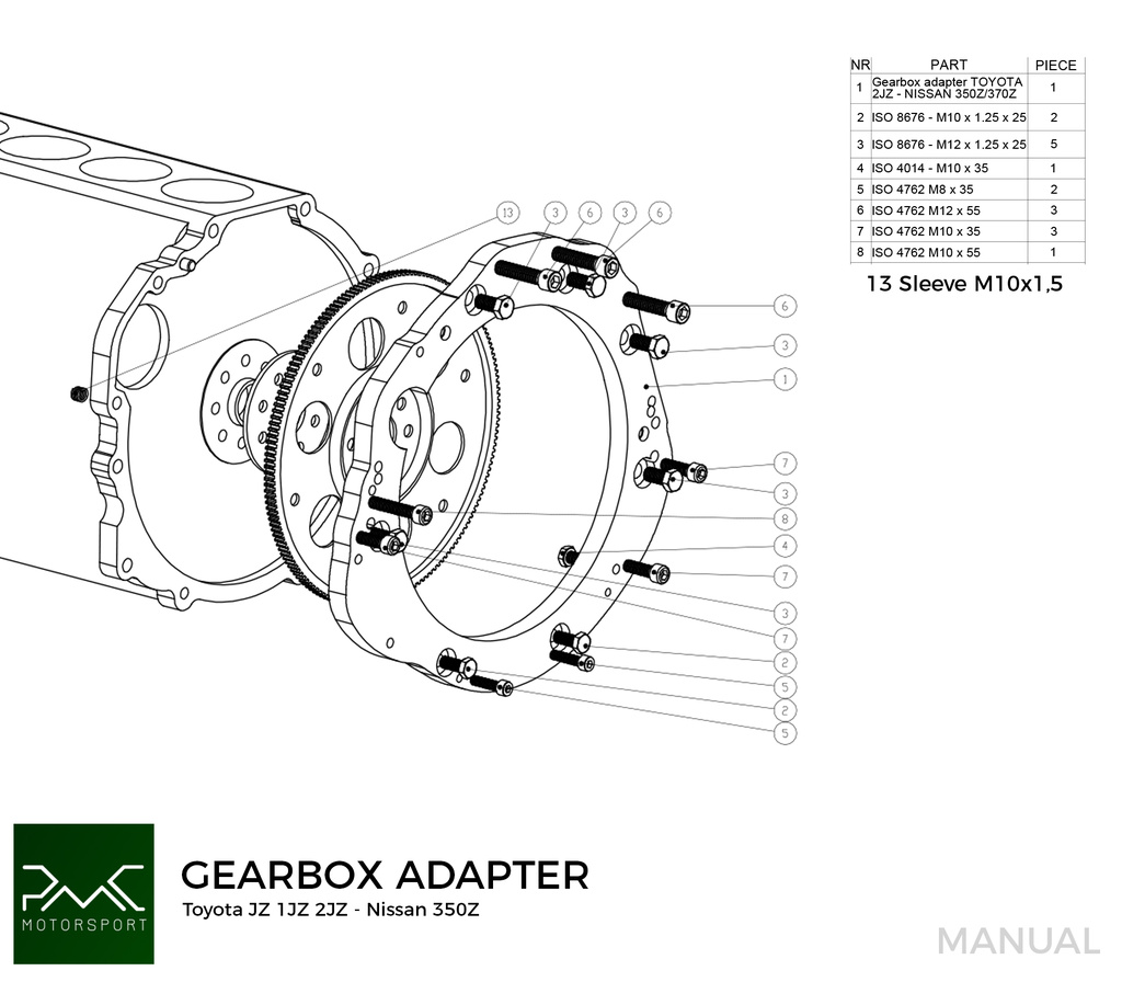 PMC Getriebeadapter Toyota JZ 1JZ 2JZ - Nissan 350Z Z33 370Z Z34 CD009 - 250mm / 9.84"