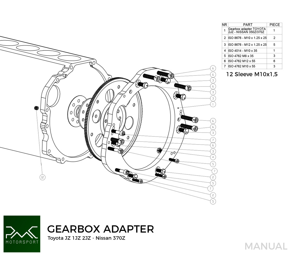 PMC Getriebeadapter Toyota JZ 1JZ 2JZ - Nissan 350Z Z33 370Z Z34 CD009 - 250mm / 9.84"