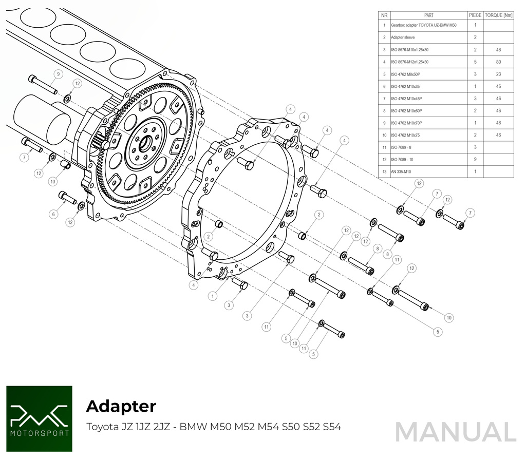 PMC Getriebeadapter Toyota JZ - BMW M57 / E46 S54 M3 - 184mm / 7.25"