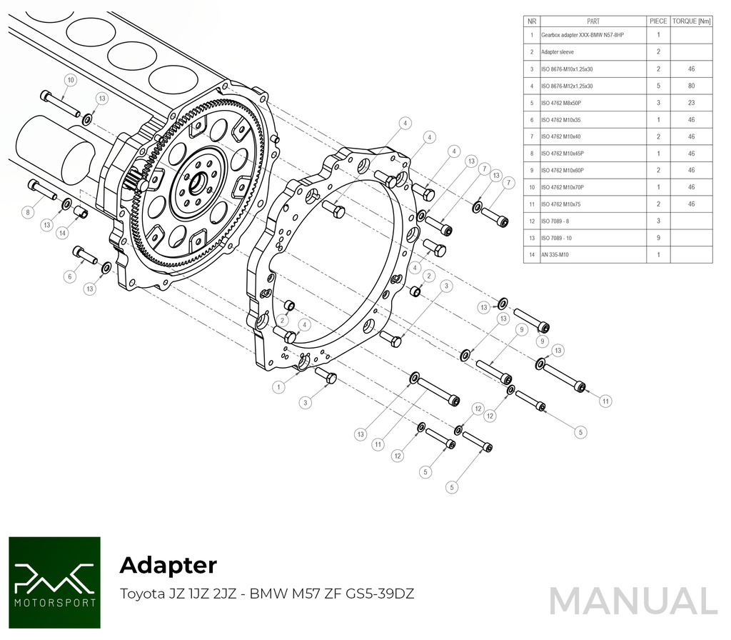 PMC Getriebeadapter Toyota JZ - BMW M57N HGD JGA HGA - 184mm / 7.25" (P)
