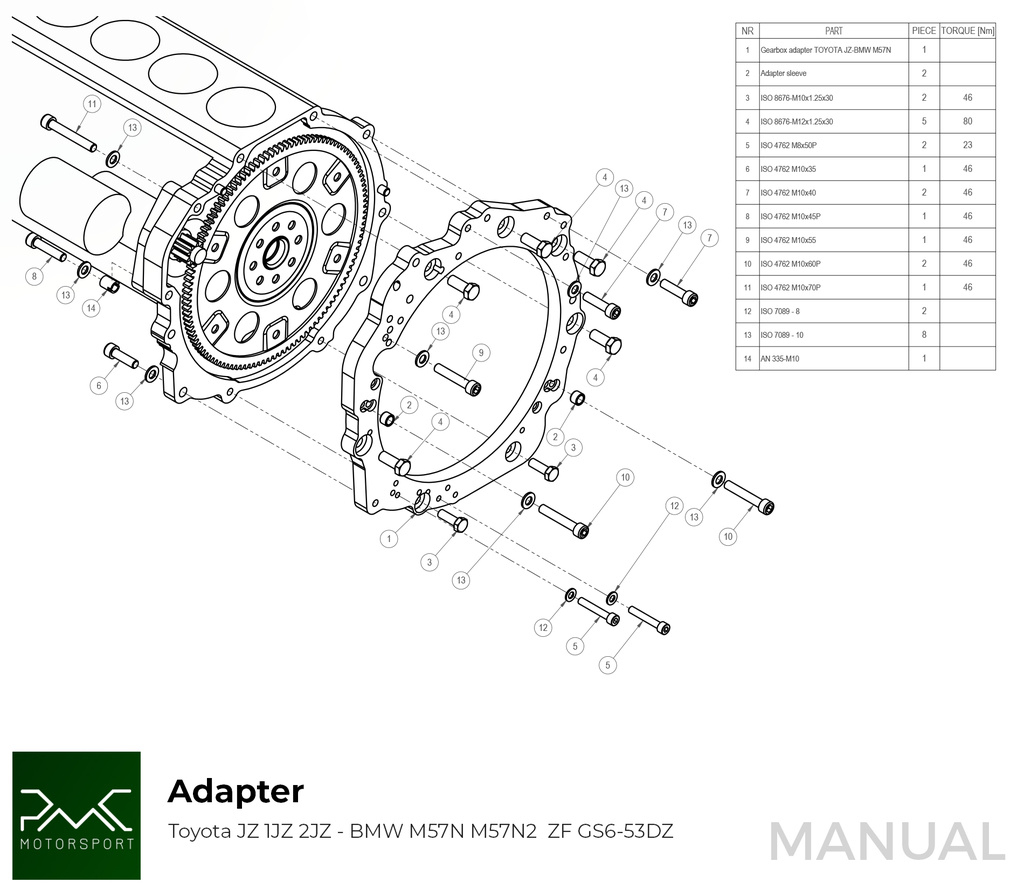 PMC Getriebeadapter Toyota JZ - BMW M57N HGD JGA HGA - 184mm / 7.25" (P)
