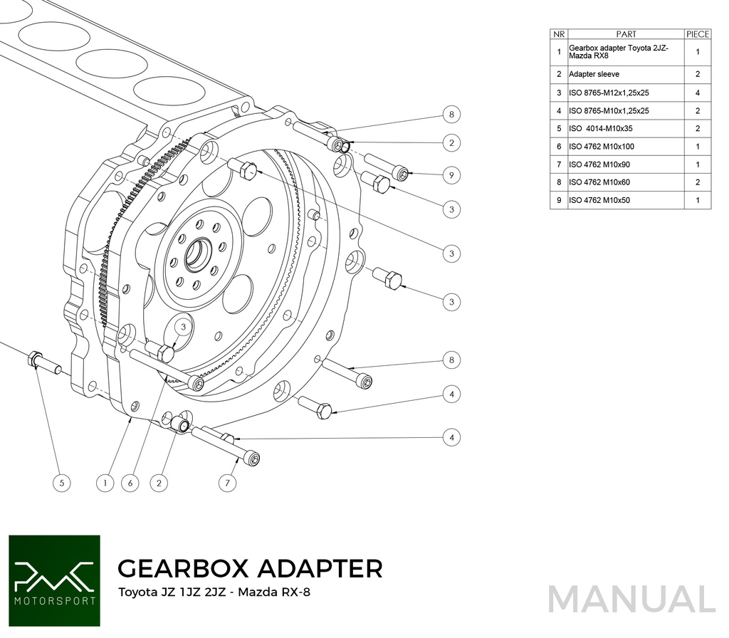 PMC Getriebeadapter Toyota JZ - Mazda RX-7 FD - 240mm / 9.45"