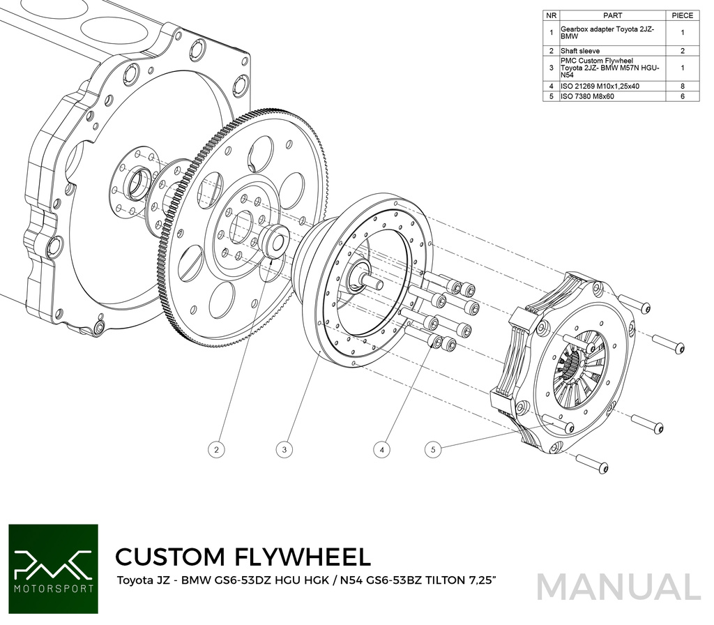 PMC Getriebeadapter Toyota JZ - BMW M57N HGU HGK / N54 - 184mm 7.25" (P)