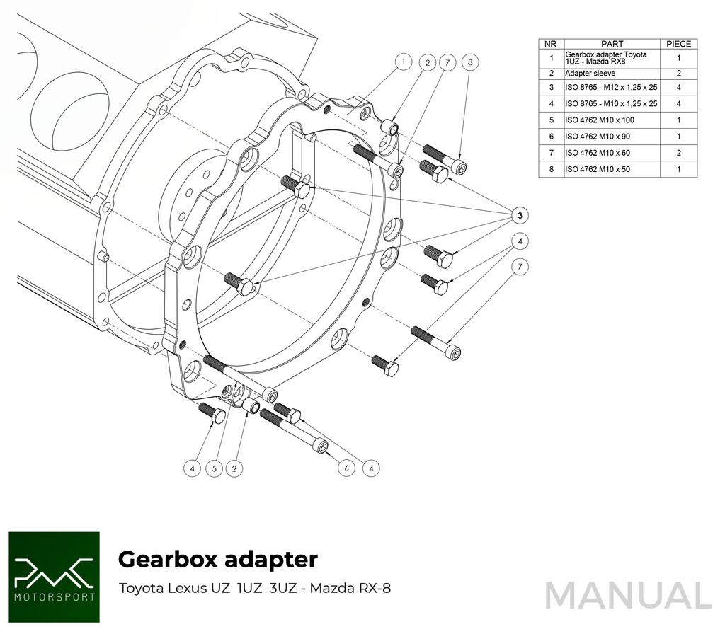 PMC Getriebeadapter Toyota UZ - Mazda RX-7 FD - 240mm / 9.45"
