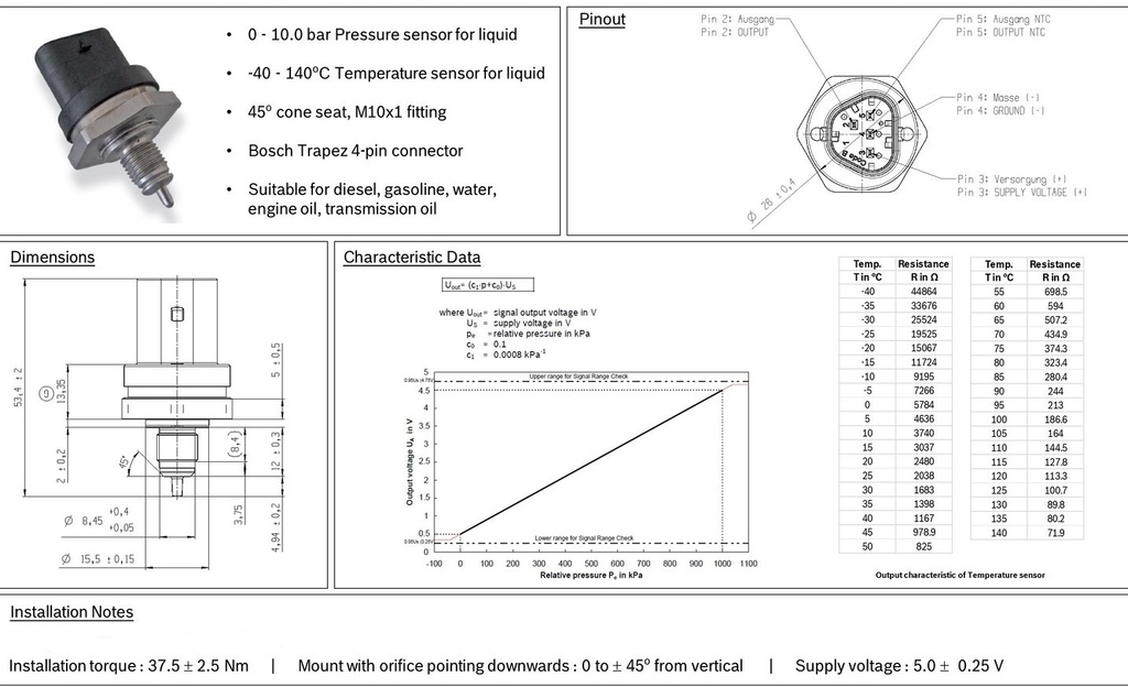 Bosch Flüssigkeitsdruck und Temperatursensor (10bar / 140 ° C)