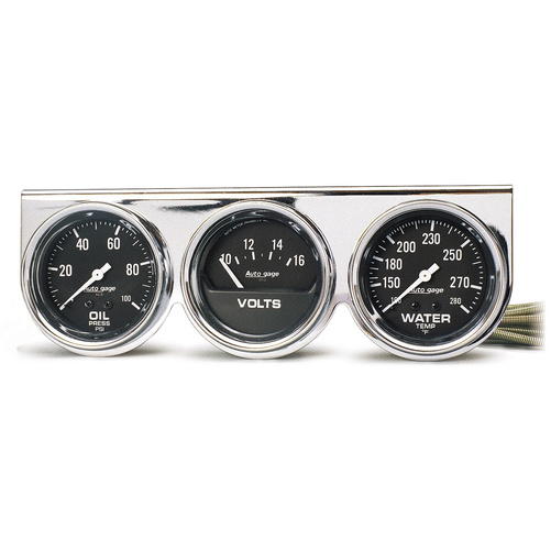 Instrumentenkonsole, Öldruck/Wassertemperatur/Volt, 2-5/8", 100 Psi/280 °F/16v, Blk Dial, Chrome Bzl, Ag