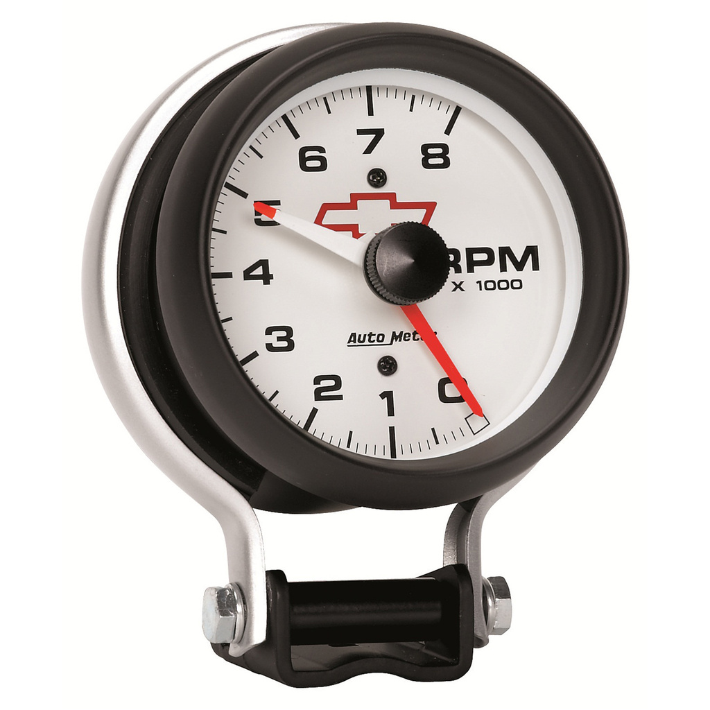 3-3/4" Sockel Drehzahlmesser, 0-8,000 Rpm, Chevy Red Bowtie, White