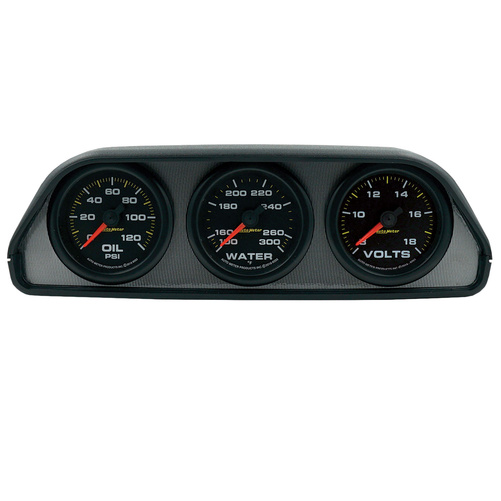 Gauge Kit, Dash Pod Mount, Öldruck/Wassertemperatur/Volt, 2-1/16", 100psi/300ºf/18v, Blk Dial, Blk Bzl, Eeg