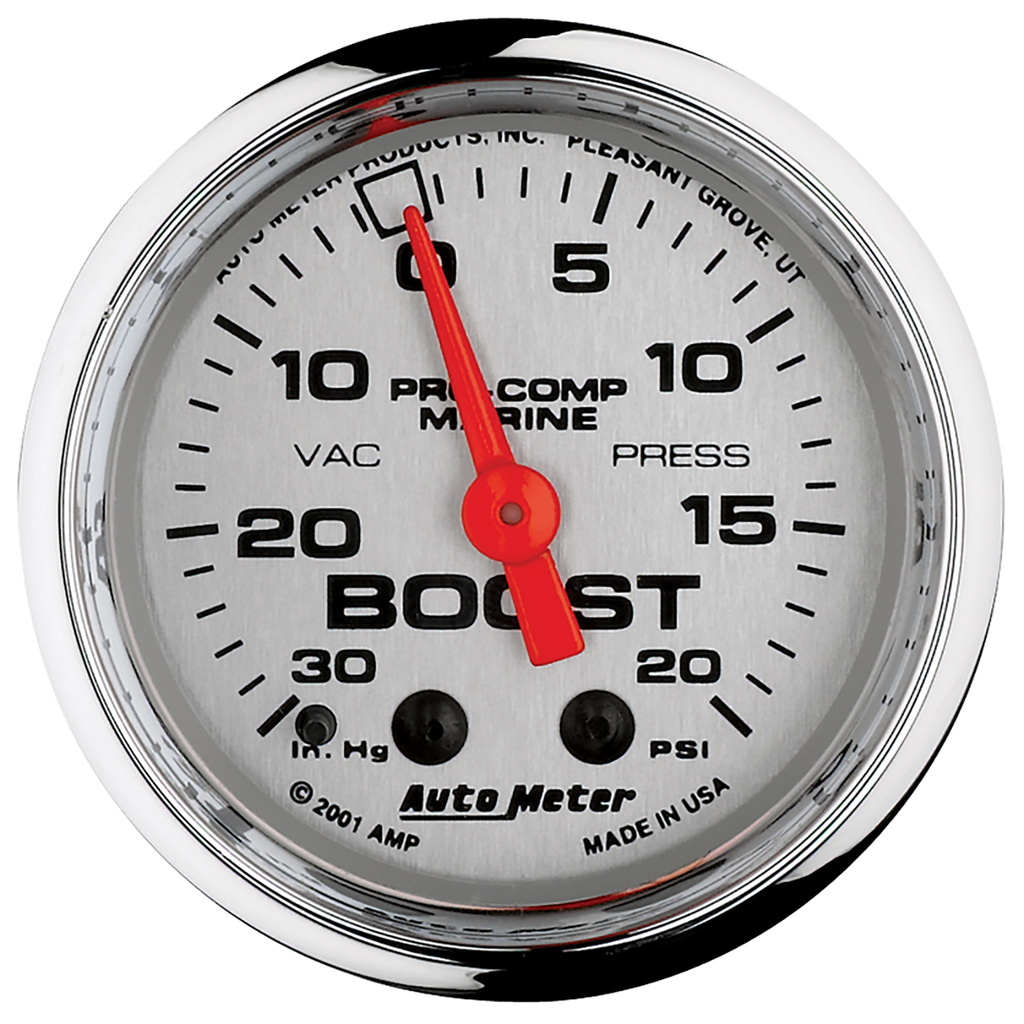 2-1/16" Vacuum/Boost, 30 In Hg/20 Psi, Marine Chrome Ultra-Lite